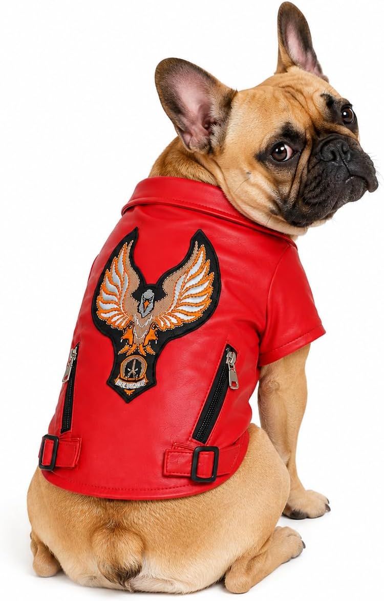Lovelonglong Cool Dog Leather Jacket, Warm Coats Dogs Windproof Cold Weather Coats for Large Medium Small Dogs with Eagle Embroidery Black XS