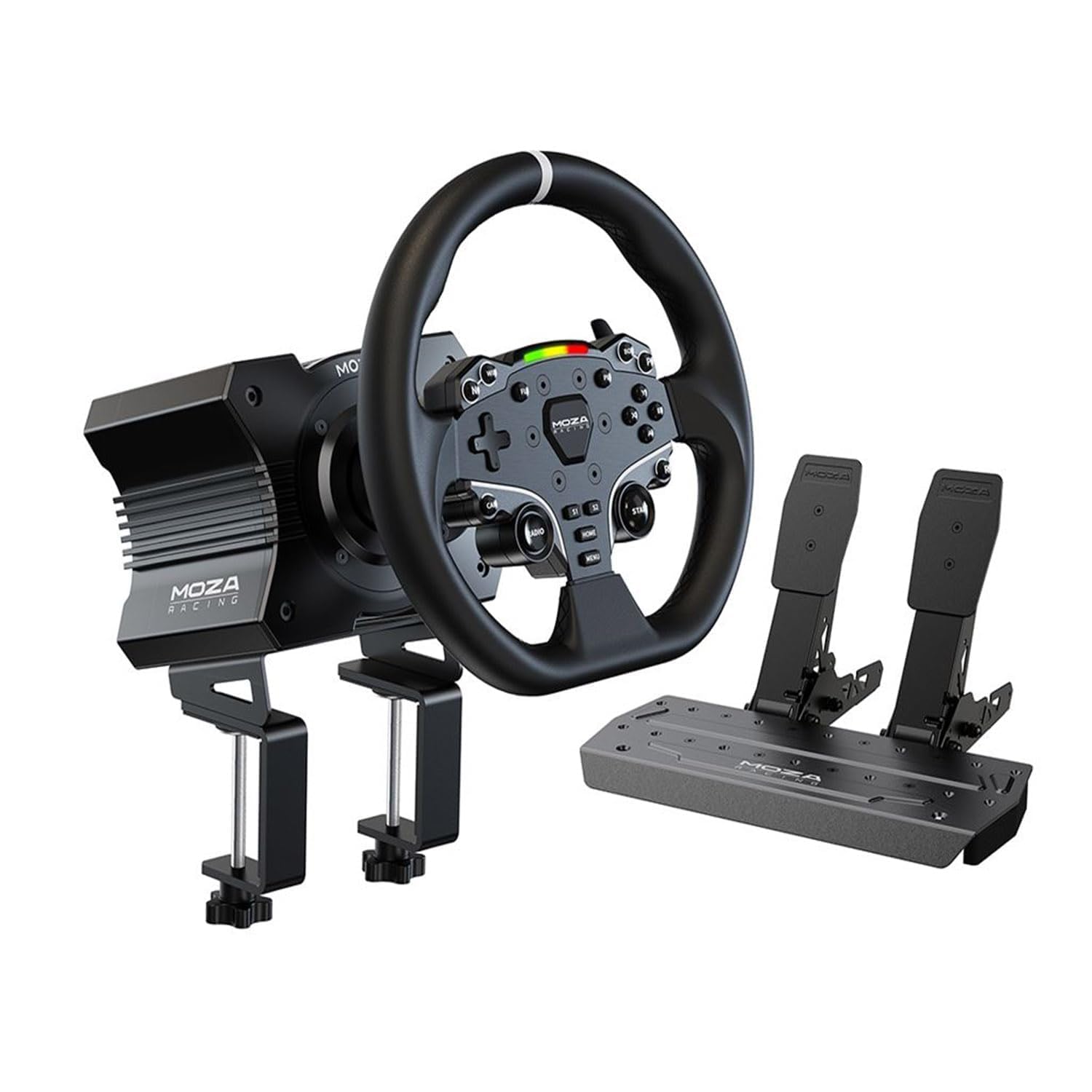 MOZA R5 All-in-One PC Gaming Racing Simulator 3PCS Bundle: 5.5Nm Direct Drive Wheel Base, 11-inch Racing Wheel, Anti-Slip Pedals and a Desk Clamp