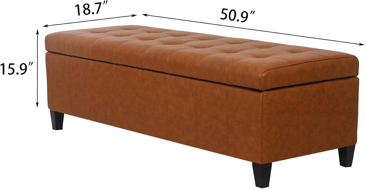 51 Inch Storage Bench,Leather Tufted Storage Ottoman with Legs | Safety Hinges,Wooden Legs,Upholstered,End of Bed,Bedroom,Living Room,Entryway,330LBS,Brown