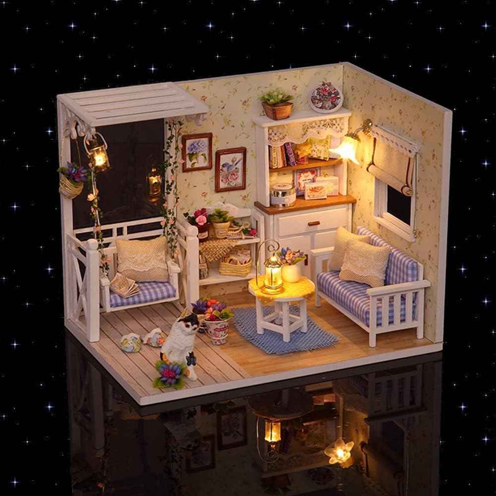 DIY Miniature Dollhouse Kit with Furniture Plus Dust Proof | 1:24 Scale Creative Room Mini Wooden Doll House Accessories for Kids Teens Adults Aged 14+(Beach Cottage)