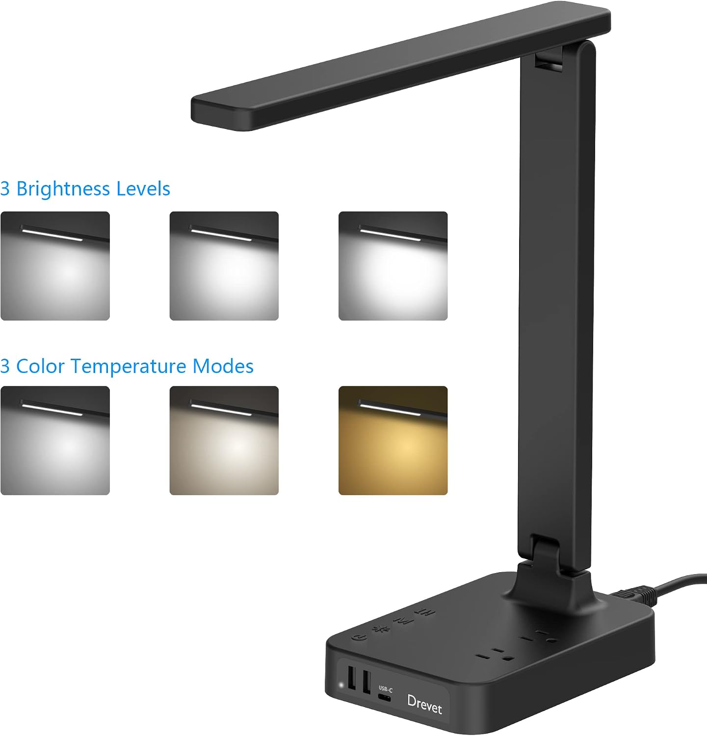 Drevet LED Desk Lamp for College Dorm Room, Desk Light with 1 USB Charging Port 2 AC Power Outlet, 3 Lighting Modes, 3 Level Brightness Touch Lamp
