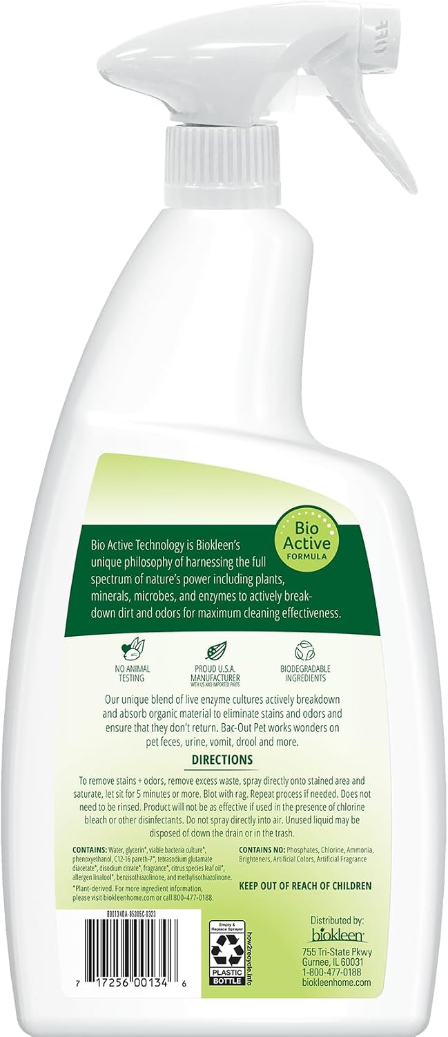Biokleen Bac-Out Pet Stain Remover - Enzymatic, Natural, Plant-Based Destroys Stains & Odors, Safe for Surfaces & Fabrics