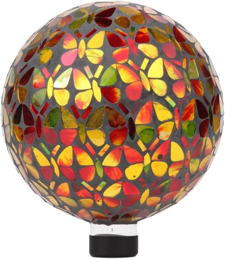 Lily's Home Colorful Mosaic Glass Gazing Ball, Designed with a Stunning Holographic Petal Mosaic Pattern to Bring Color and Reflection to Any Home and Garden, Red and Gold (10" Diameter)