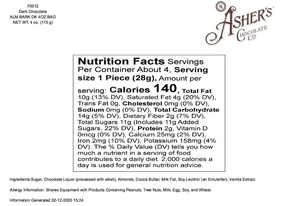 Asher's Chocolates, Gourmet Chocolate Covered Almond Bark, Sweet and Salty Candy with Almonds, Small Batches of Kosher Chocolate, Family Owned Since 1892 (1 Pound, Dark Chocolate)