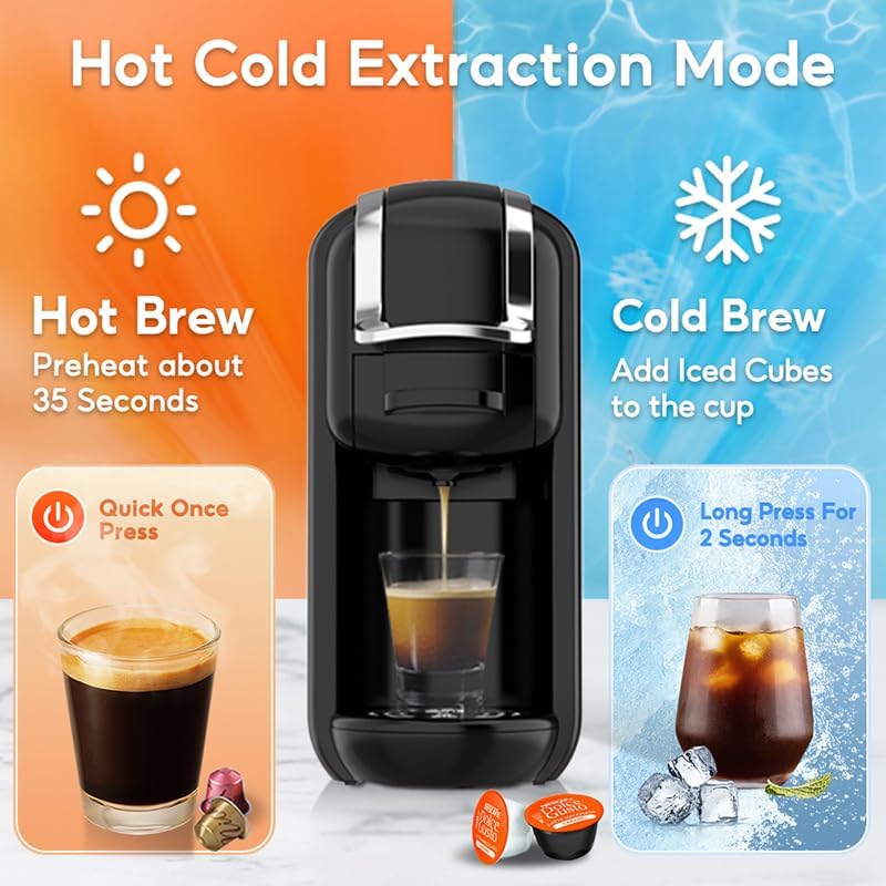 4-in-1 Pods Coffee Maker 19Bar, Compact Design Fast Brew Hot/Cold Espresso Machine for K Cup Pods,Nes Original/DG Capsule and Ground Coffee at Home or Office (White)