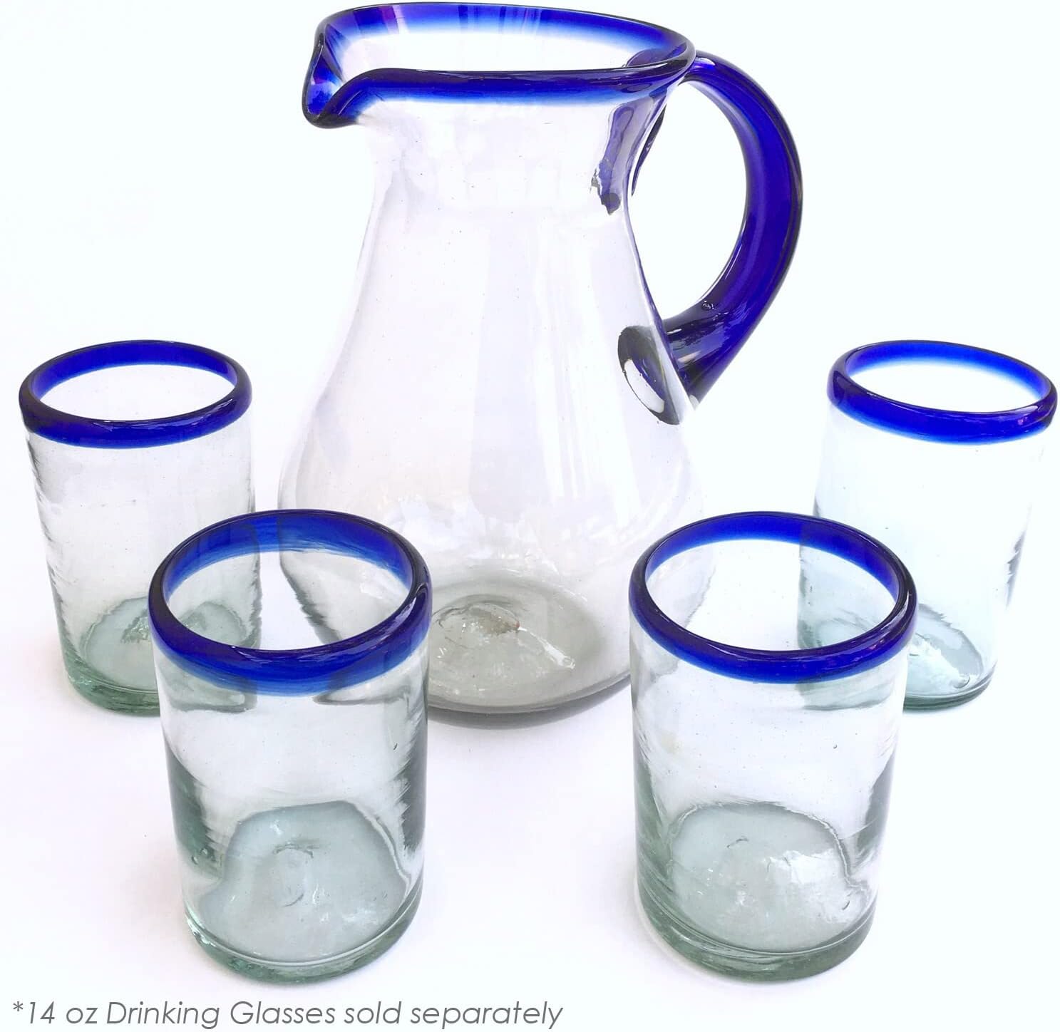 Cobalt Blue Rim 120 oz Pitcher and 6 Drinking Glasses set, Recycled Glass, Lead-free, Toxin-Free (Pitcher & Glasses)