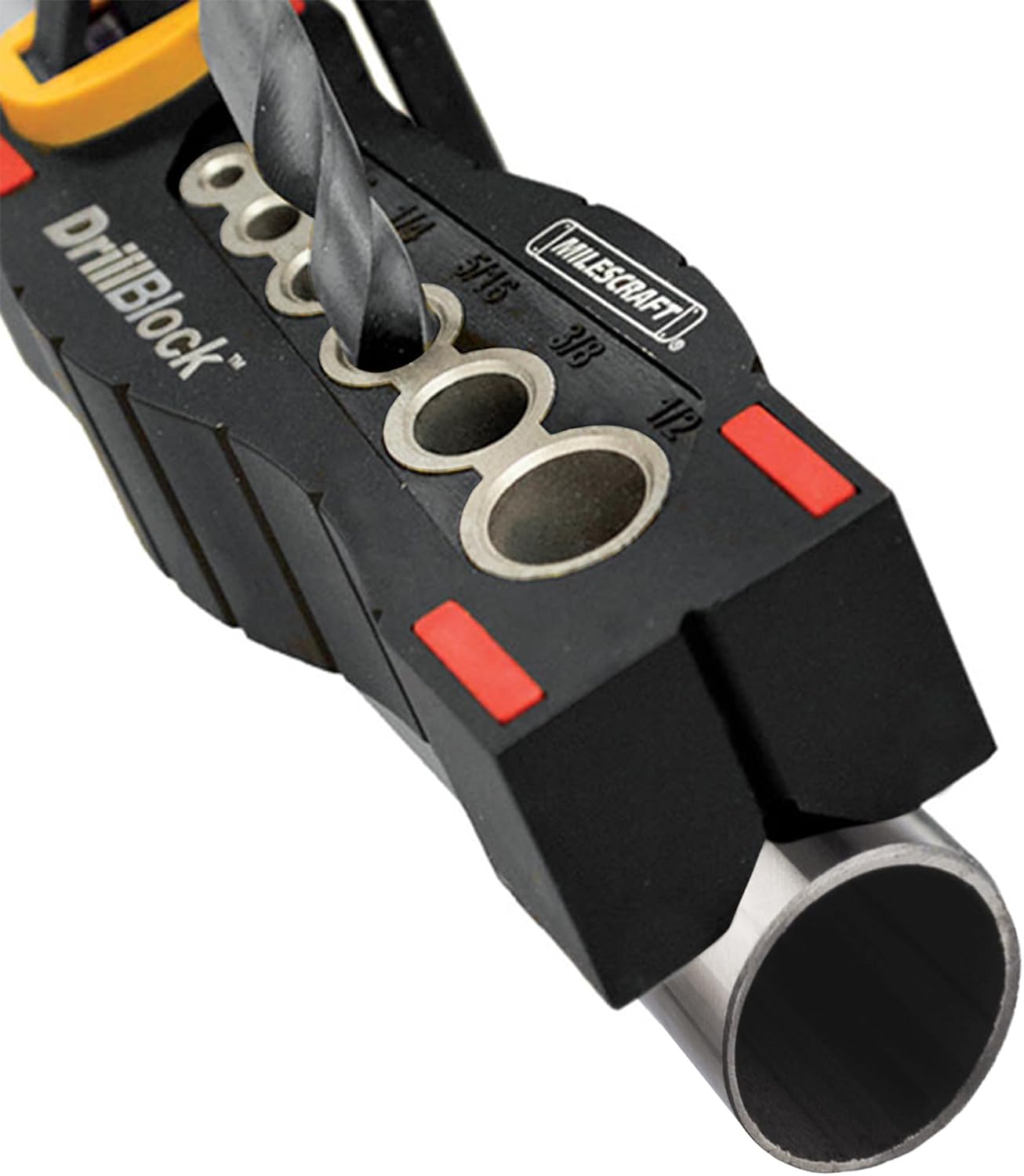 Milescraft 1312 Drill Block - Handheld Drilling Guide, Drilling Jig with Drill Guides for 6 of the Most Common Imperial Drill Bit Sizes