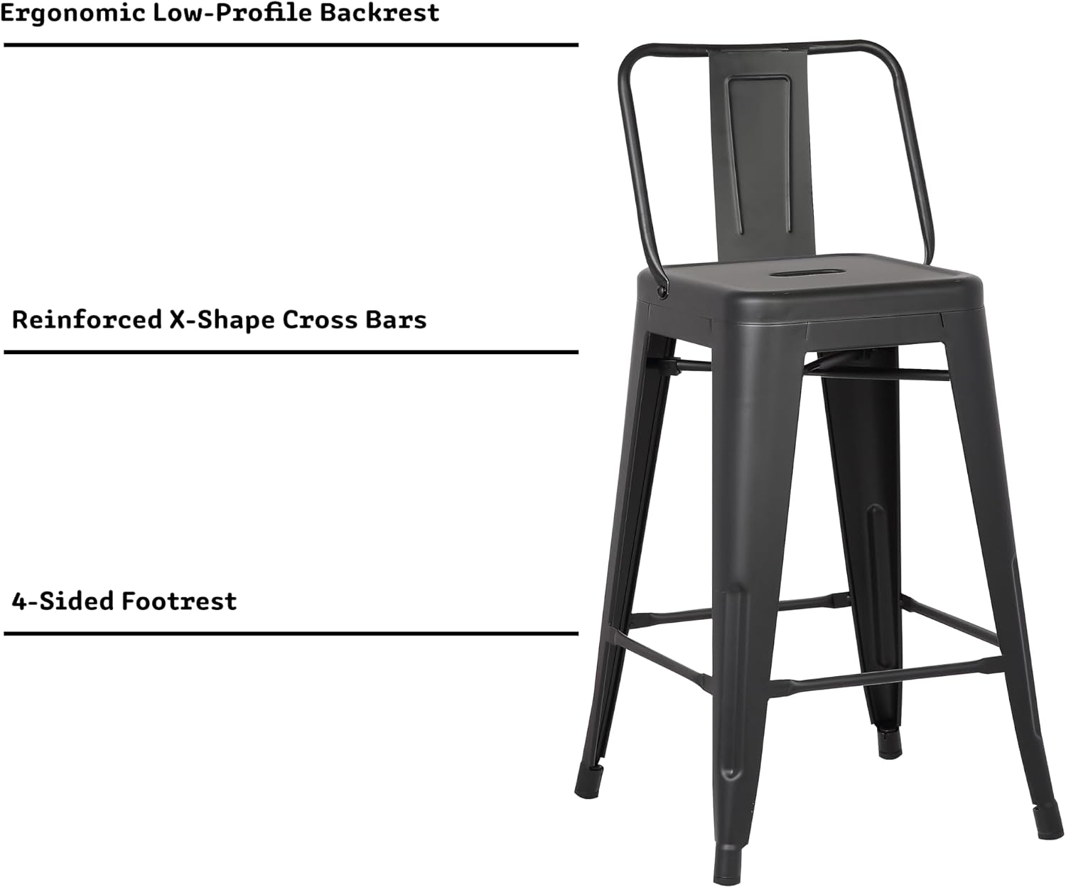 AC Pacific 30” Metal Barstool Set of 2 – Country Rustic Style with Low Back, Lightweight & Sturdy Build, Easy Assembly – Matte Black