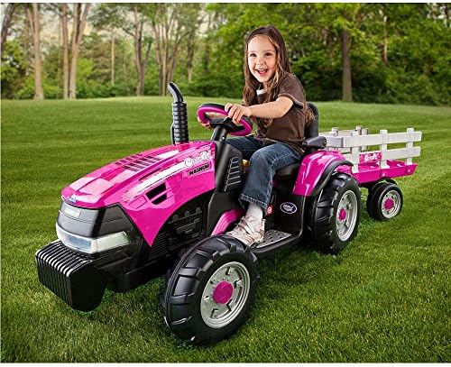 Peg Perego Case IH Magnum Tractor and Trailer Extra-Large 12 Volt Ride on, Pink. Durable Design for Kids Ages 3-7