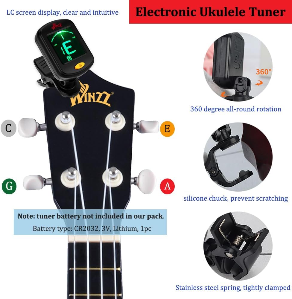 Winzz Soprano Ukulele Starter Kit For Beginners with Bag, Clip-On Tuner, Extra Strings, Strap, Plectrum, Fret Stickers, Chords Card, Polishing Cloth, Black