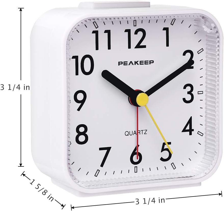 Peakeep Small Battery Operated Analog Travel Alarm Clock Silent | No Ticking, Lighted on Demand and Snooze, Beep Sounds, Gentle Wake, Ascending Alarm, Easy Set (Black)