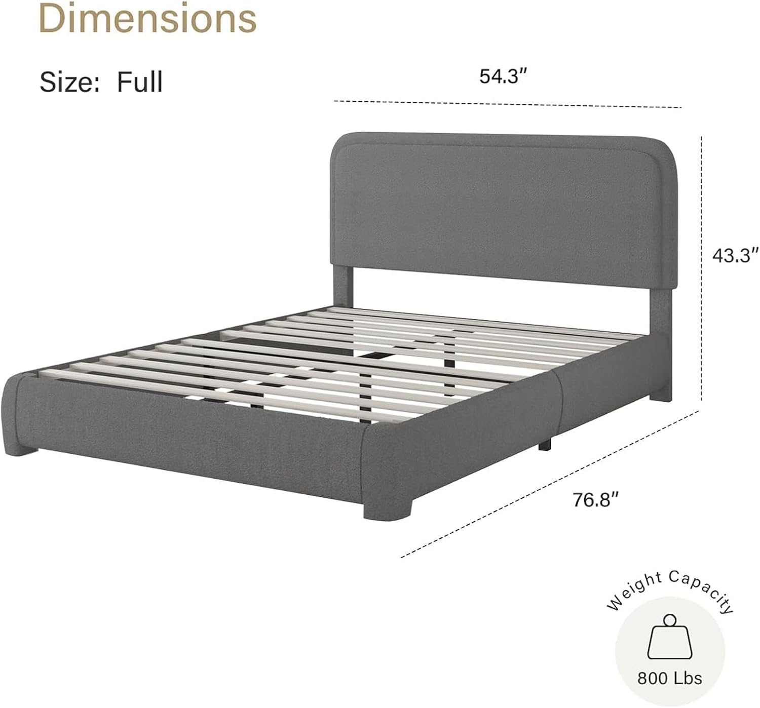 BarnFurin Full Bed Frame, Cloud Boucle Headboard, Rounded Corners, White | Soft boucle and rounded edges create a low-profile cloud look. Wooden slats support the mattress without a box spring