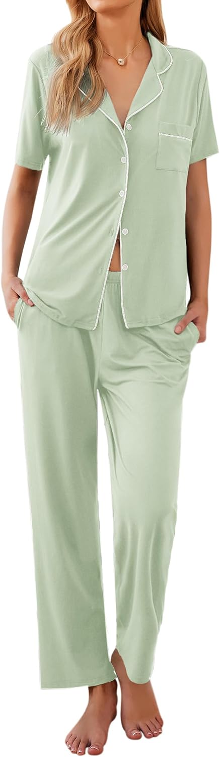 Ekouaer Womens Pajamas Set Short Sleeve Button Down Top & Pants Lounge Pjs
