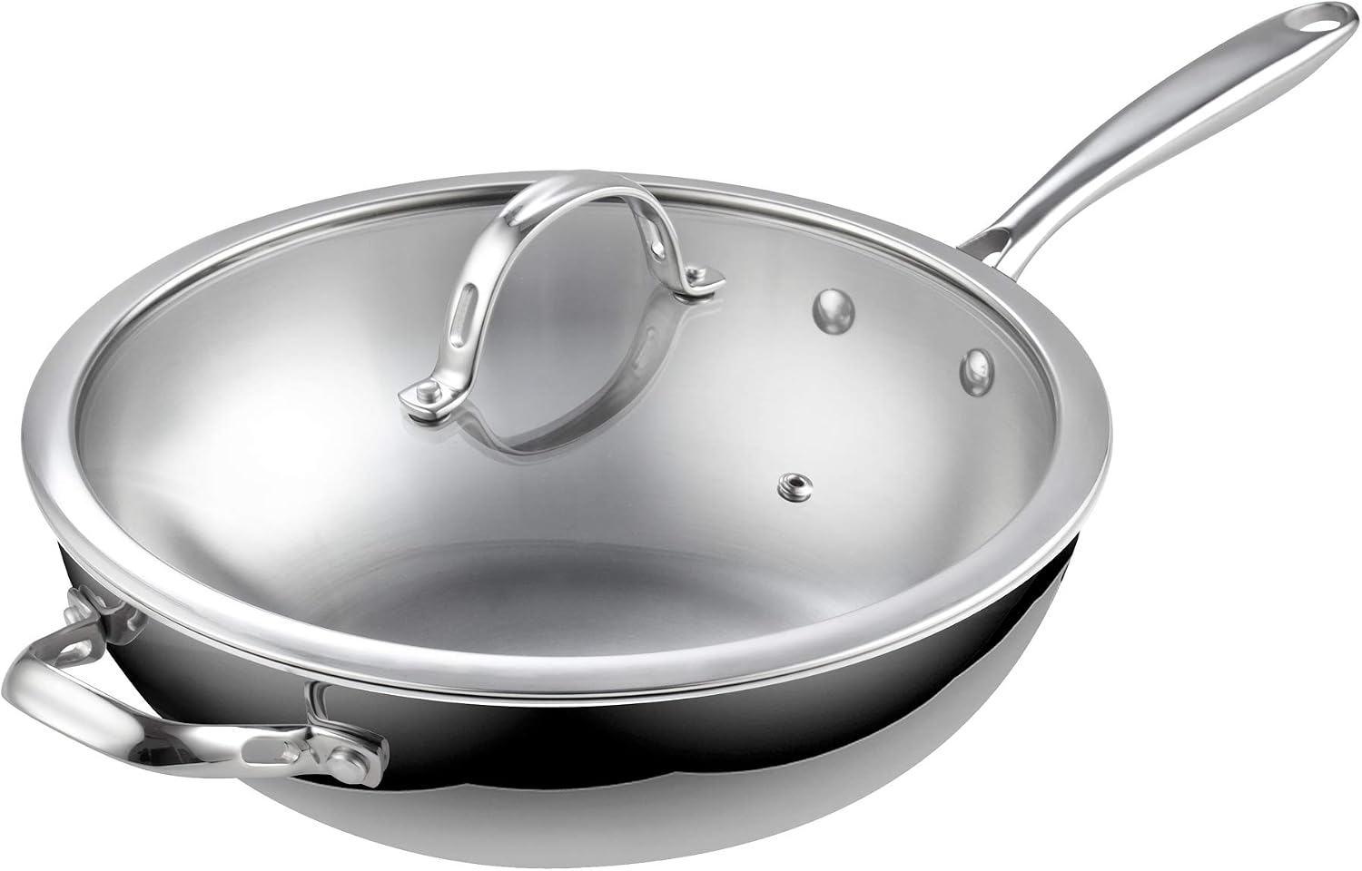 Cooks Standard Multi-Ply Clad 12 Inch Stainless Steel Wok Pan, Stir Fry Pan with Glass Lid, Induction Cookware, Dishwasher & Oven Safe, Compatible with All Cooktops