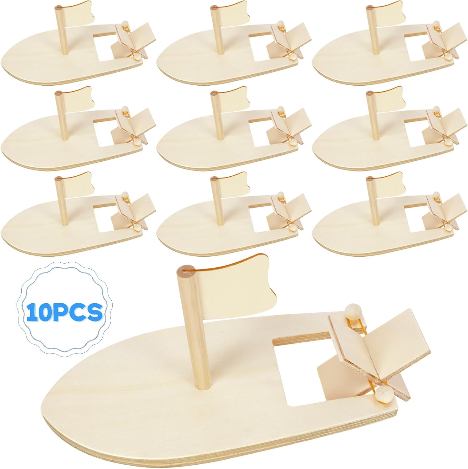 Amersumer 10 Pcs DIY Toy Wood Boat Craft Kits, Mini Wooden Sailboat Kits, Paddle Boats Paint and Decorate for School Projects