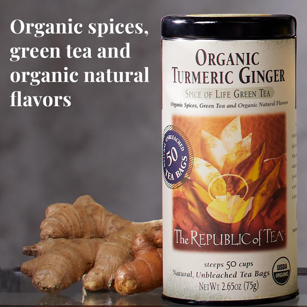 The Republic of Tea Organic Turmeric Ginger Green Tea, Low Caffeine, 50 Ct | A gentle cup for everyday sipping. Fresh and lightly vegetal with notes of warming spice and sweet cinnamon.