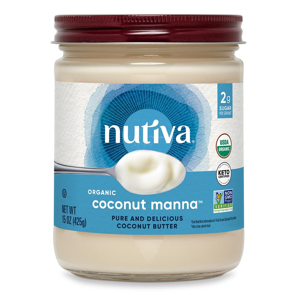 Nutiva Organic Coconut Manna Puréed Coconut Butter, 15 Oz, USDA Organic, Non-GMO, Vegan, Gluten-Free & Keto, Creamy Spread for Smoothies, Oatmeal