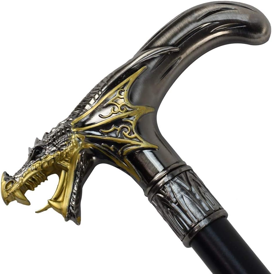 Silver Metal Golden Winged Dragon Cane 2pc Steel Shaft Travel Walking Stick