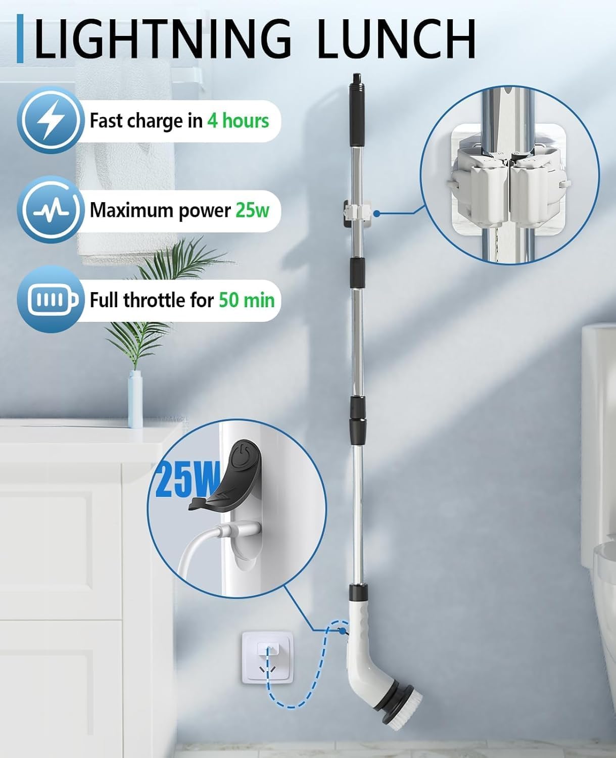 Electric Spin Scrubber for Cleaning Bathroom, Shower Scrubber Cordless Cleaning Brush with IPX7 Waterproof & 3 Speed, 9 Brush Heads