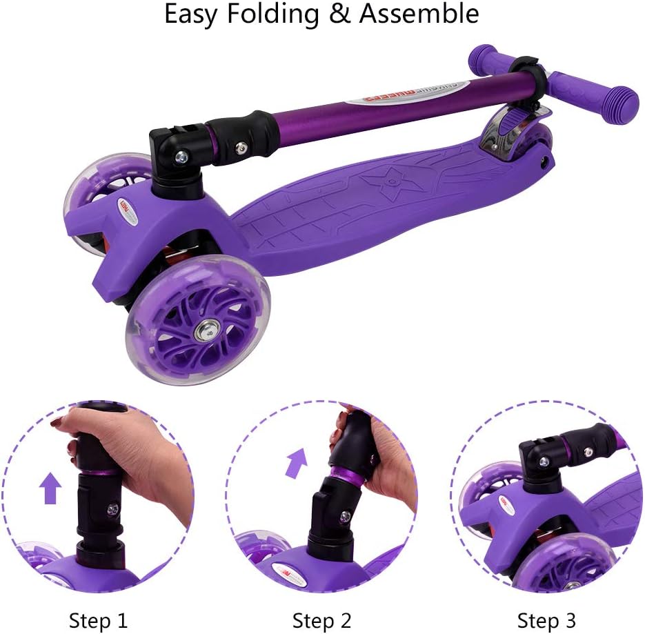 ChromeWheels Foldable Scooters for Kids, Deluxe Kick Scooter 4 Adjustable Height 132lbs Weight Limit 3 Wheel, Lean to Steer LED Light Up Wheels