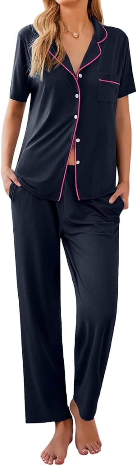 Ekouaer Womens Pajamas Set Short Sleeve Button Down Top & Pants Lounge Pjs