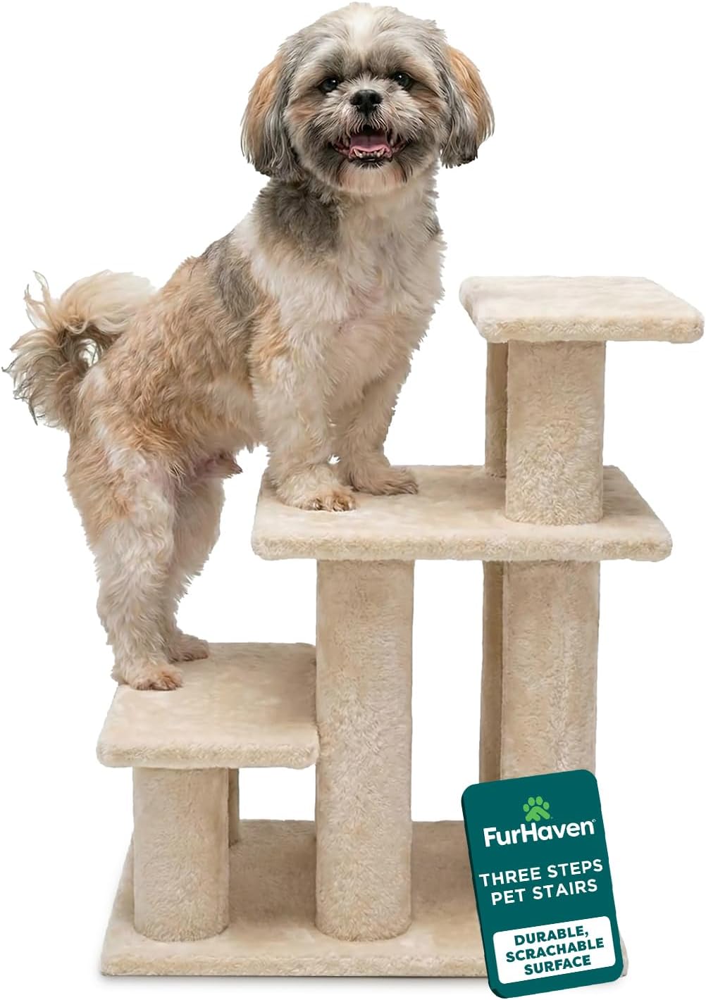 Furhaven Steady Paws Multi-Step Pet Stairs for High Beds & Sofas - Cream, 3-Step