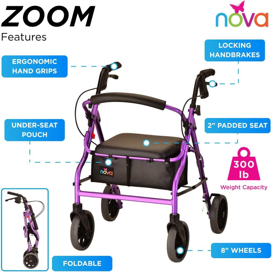 NOVA Zoom 22 Rollator Walker for Seniors, Rolling Walker with Locking Hand Brakes, Padded Seat & 8" Wheels, Lock N Load for Easy Transport & Storage, Adjustable Height 5'5"–6'1", Red