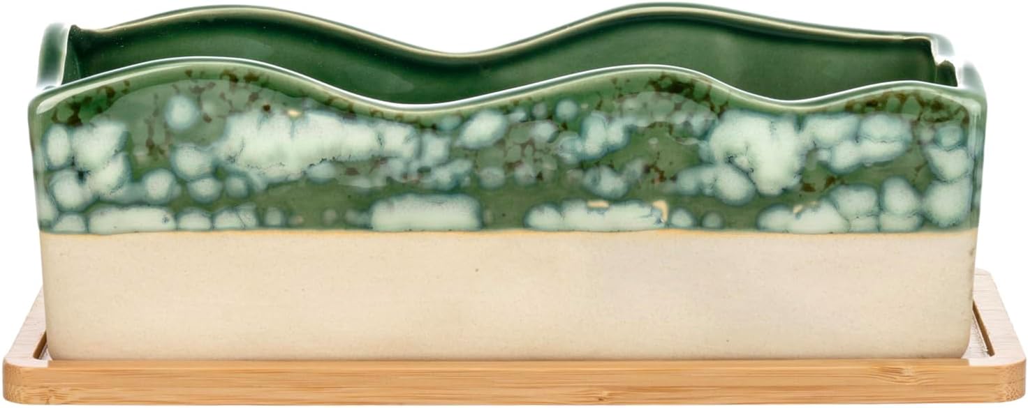 MyGift Beige Green Ceramic Glazed Rectangular Succulent Planter Pot
