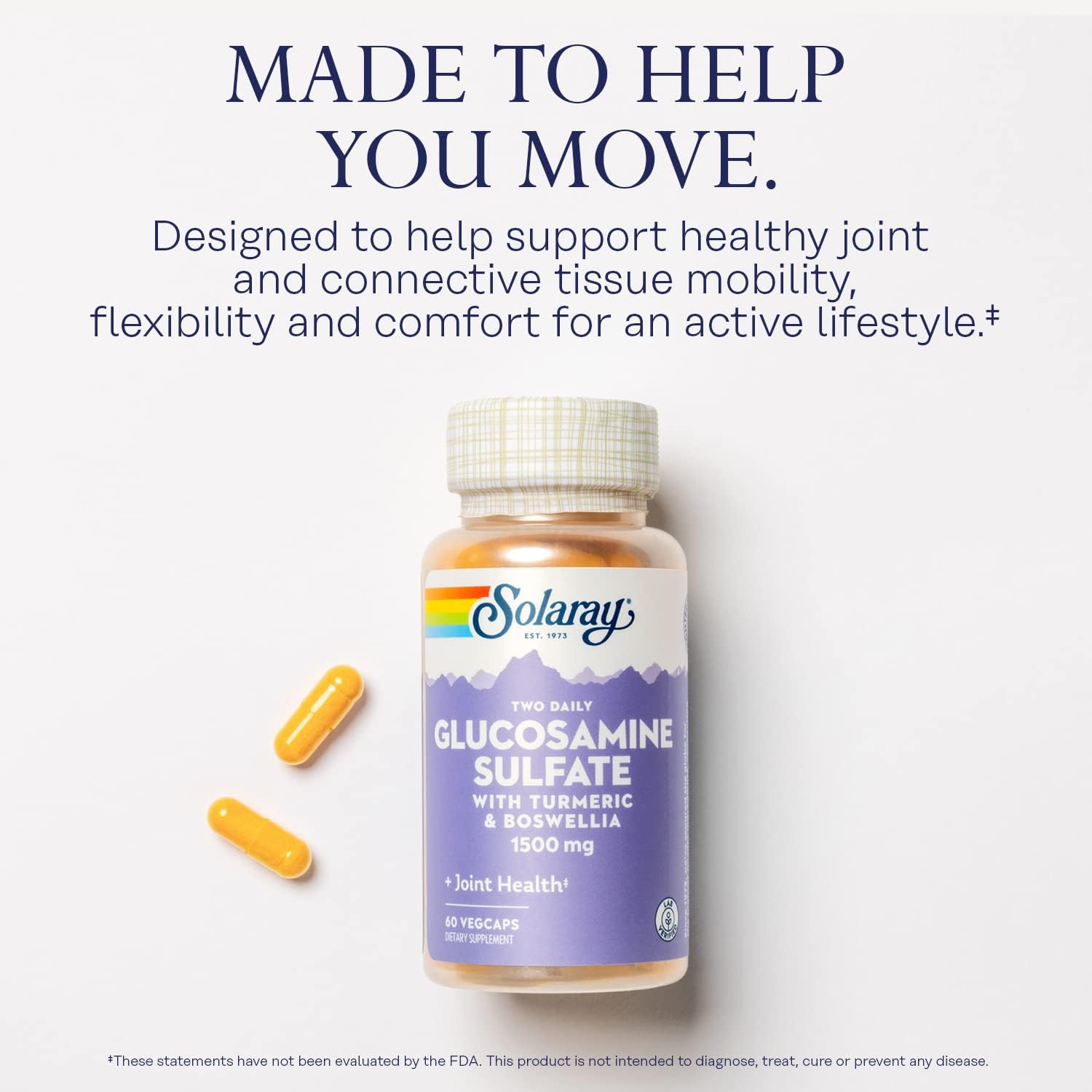 SOLARAY Glucosamine Sulfate 1500 mg, 120 VegCaps | Joint Mobility & Connective Tissue Support - Glucosamine, Turmeric & Boswellia - 60 Servings - Lab Verified