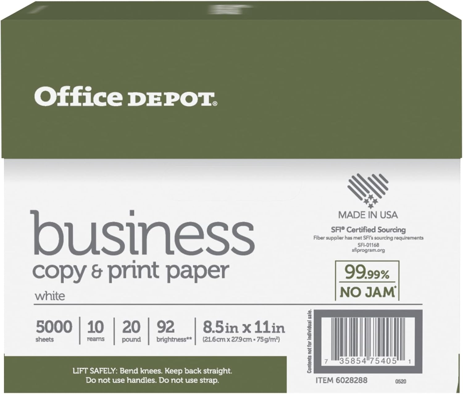 Office Depot Business Multi-Use Printer & Copy Paper, 10 Reams, White, Letter (8.5" x 11"), 5000 Sheets Per Case, 20 Lb, 92 Brightness, 1 Case