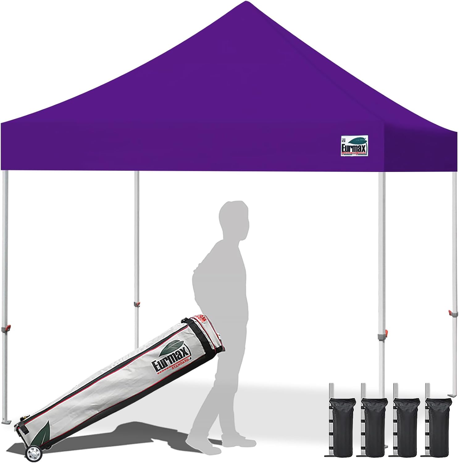 Eurmax USA 10x10ft Pop Up Canopy,Commercial Instant Tent for Outdoor Events,Patented No-Tip Rolling Storage Bag with 4 Sandbags,UV & Water Resistant,Heavy Duty Portable Shelter Gazebo,Black