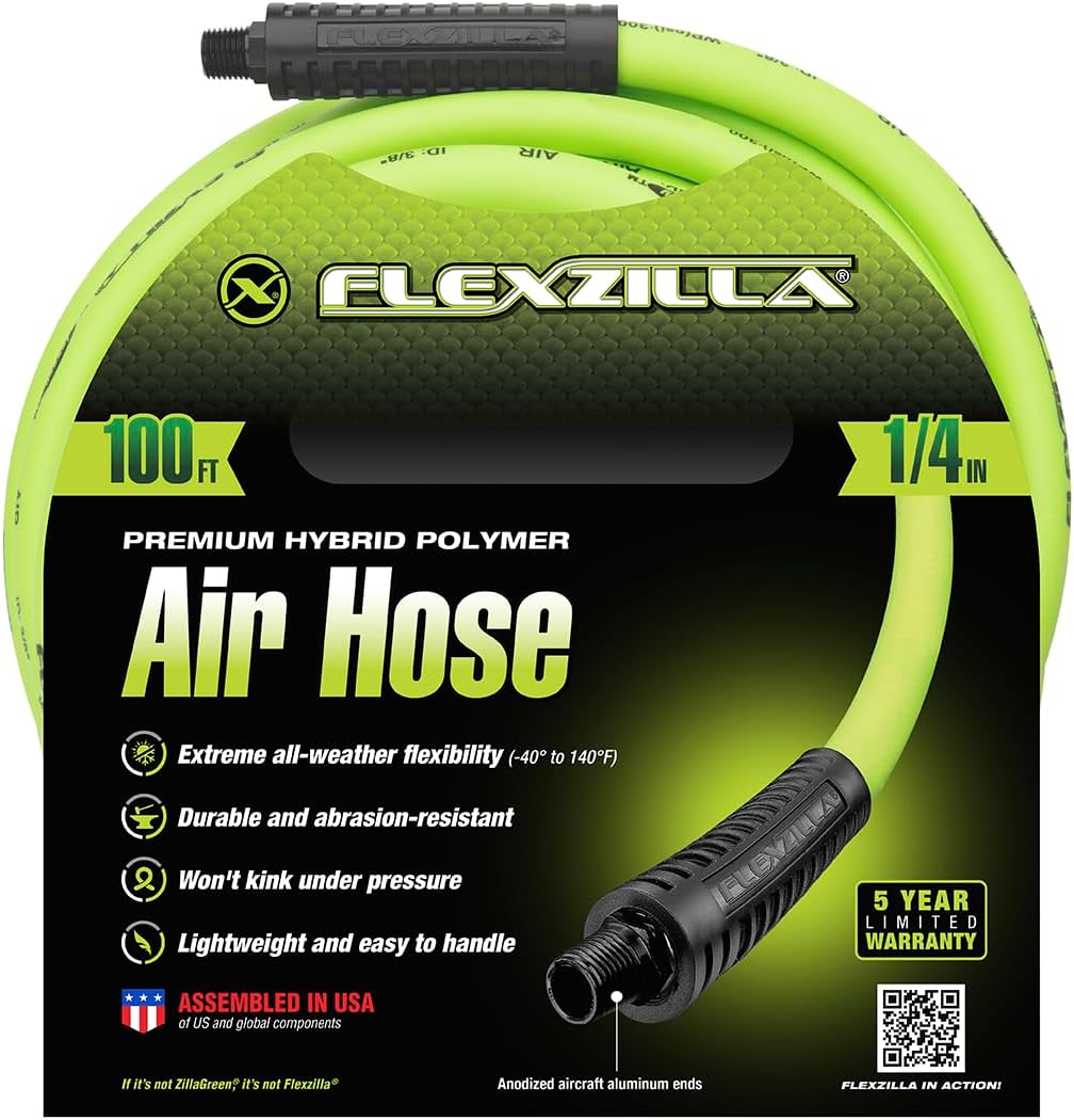 Flexzilla Air Compressor Hose, 3/8 in. x 50 ft., 1/4 in. MNPT Fittings, No-Kink, All Weather, Lightweight, Premium Hybrid Polymer, 300 PSI, ZillaGreen