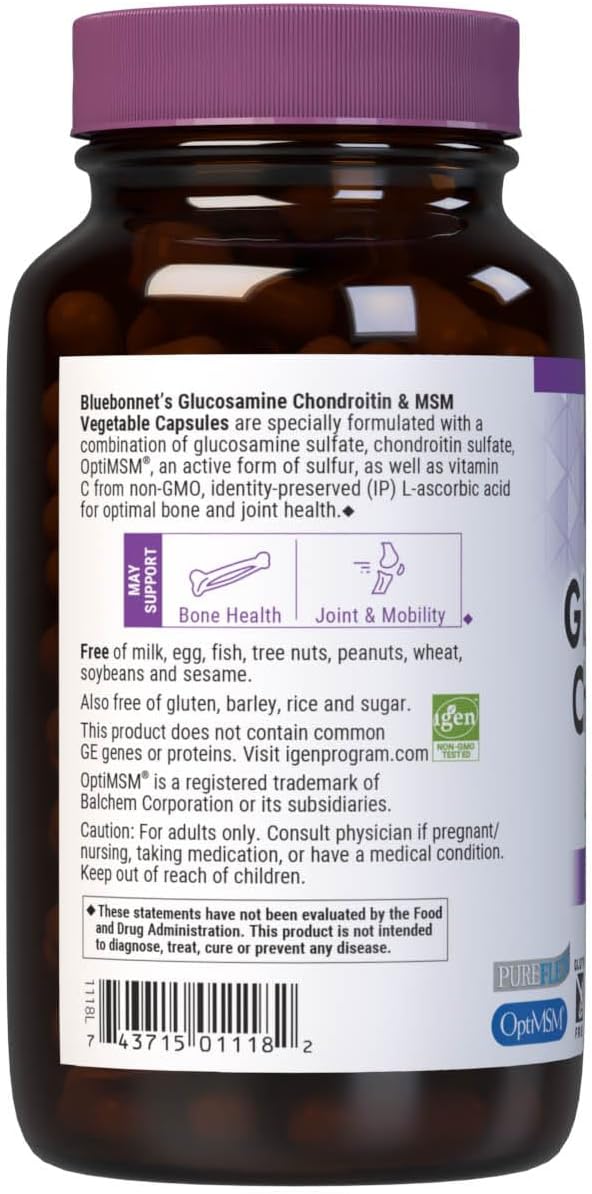 Bluebonnet Nutrition Glucosamine Chondroitin Plus MSM, Glucosamine, Chondroitin Sulfate, Vitamin C & OptiMSM, Bone & Joint Health, Non GMO, Gluten Free, Soy Free, Milk Free, 180 Vegetable Capsules | Bone & Joint Health; Non-GMO, Gluten-Free, Soy-Free, Da…