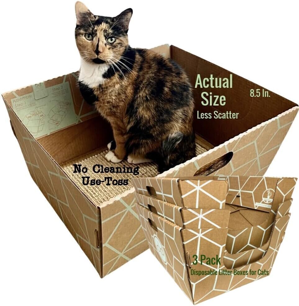 Cats Desire 3 - Pack Tallest Disposable Litter Boxes 8.5" Tall Tray - 17" Tall Enclosed High Sided Extra Large Cat Litter Tray Patented Made in USA