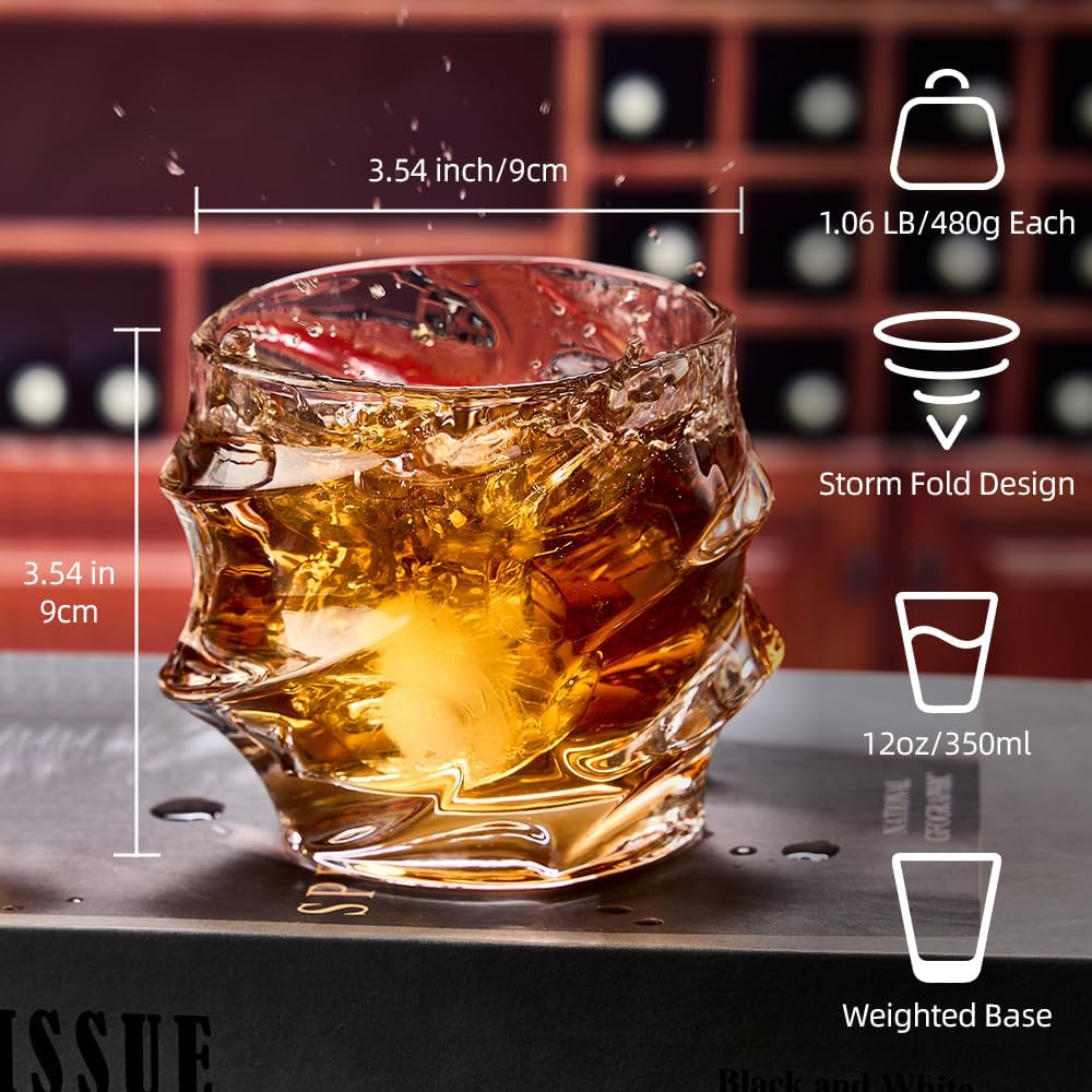 GLASKEY 12 oz Storm Japanese Whiskey Glasses Set of 4, Unique Cognac Glasses, Heavy Thick Bottom Bar Glass for Scotch Bourbon Rum Gin Water Cocktail,Gifts Men Gifts Ideas