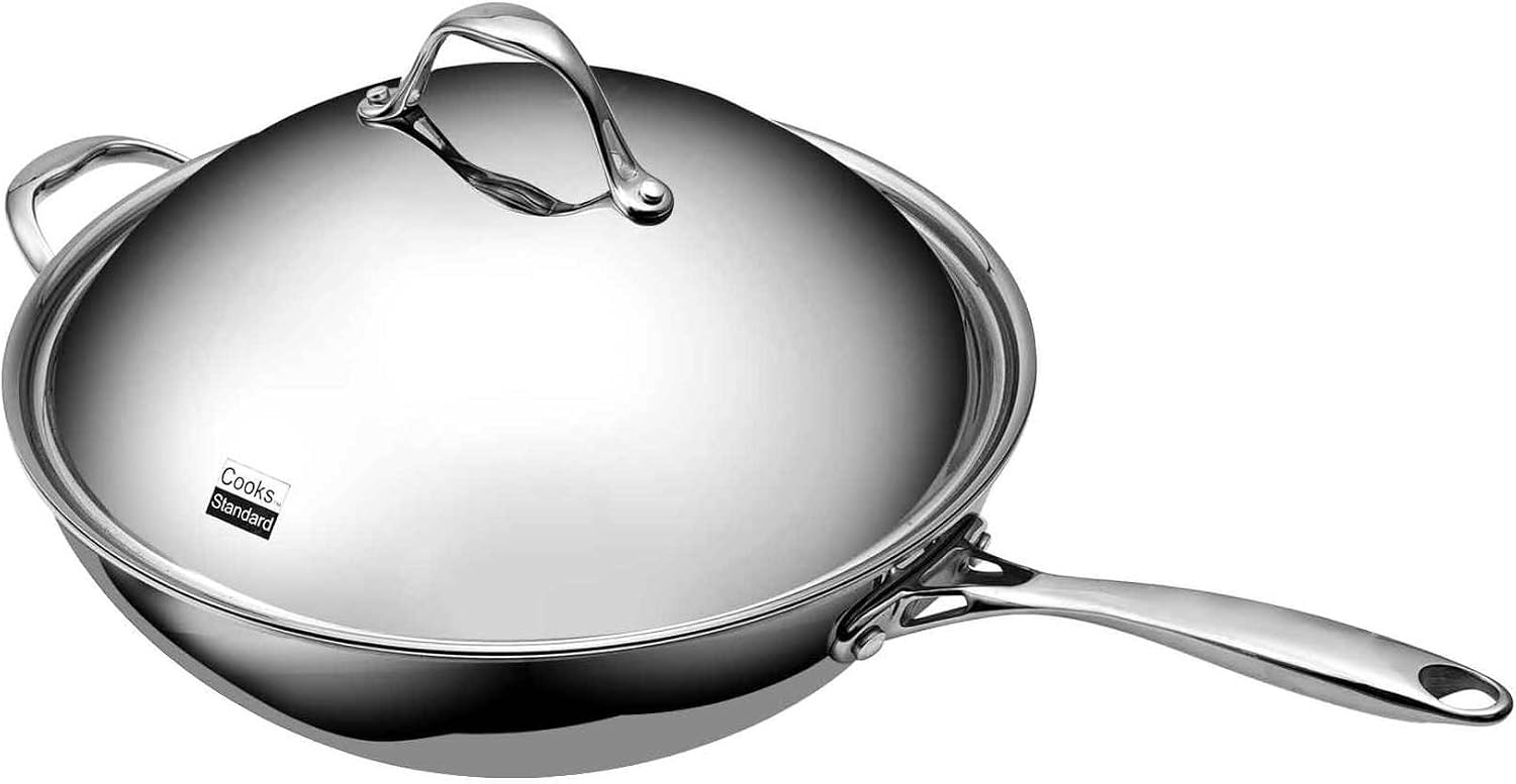 Cooks Standard Multi-Ply Clad 12 Inch Stainless Steel Wok Pan, Stir Fry Pan with Glass Lid, Induction Cookware, Dishwasher & Oven Safe, Compatible with All Cooktops