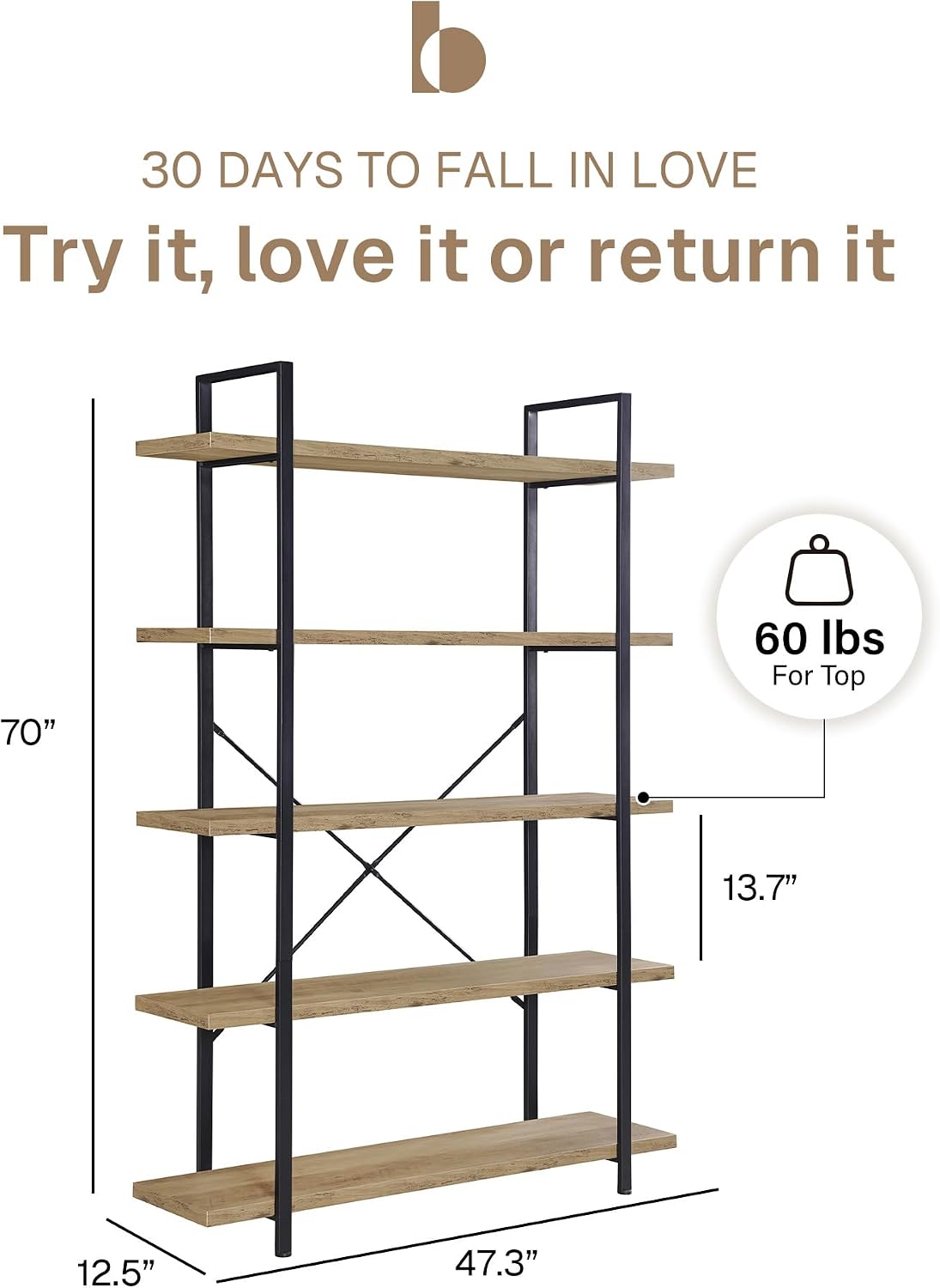 BELLEZE 4 Tier Modern Rustic Industrial Bookshelf, Open Wide Office Etagere Book Shelf