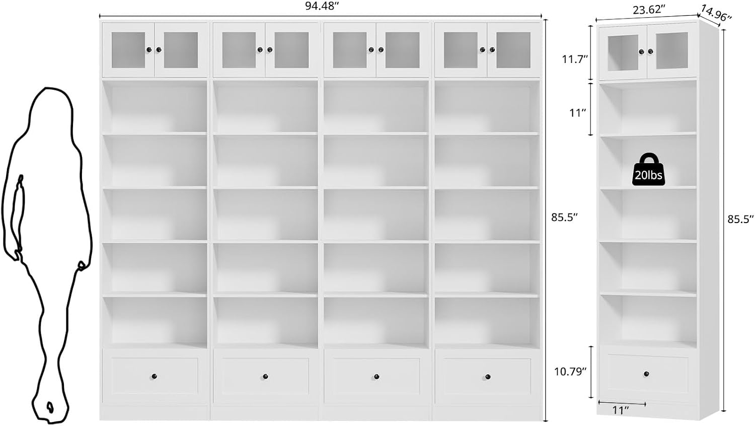 TUSY 85.5 Inch Tall Bookshelf with Doors - 7 Tier Bookcase with Glass Doors and Drawer, 23.6" Wide Storage Cabinet with Open Shelves for Living Room, White Book Shelf for Home Office, Study (AAAA)