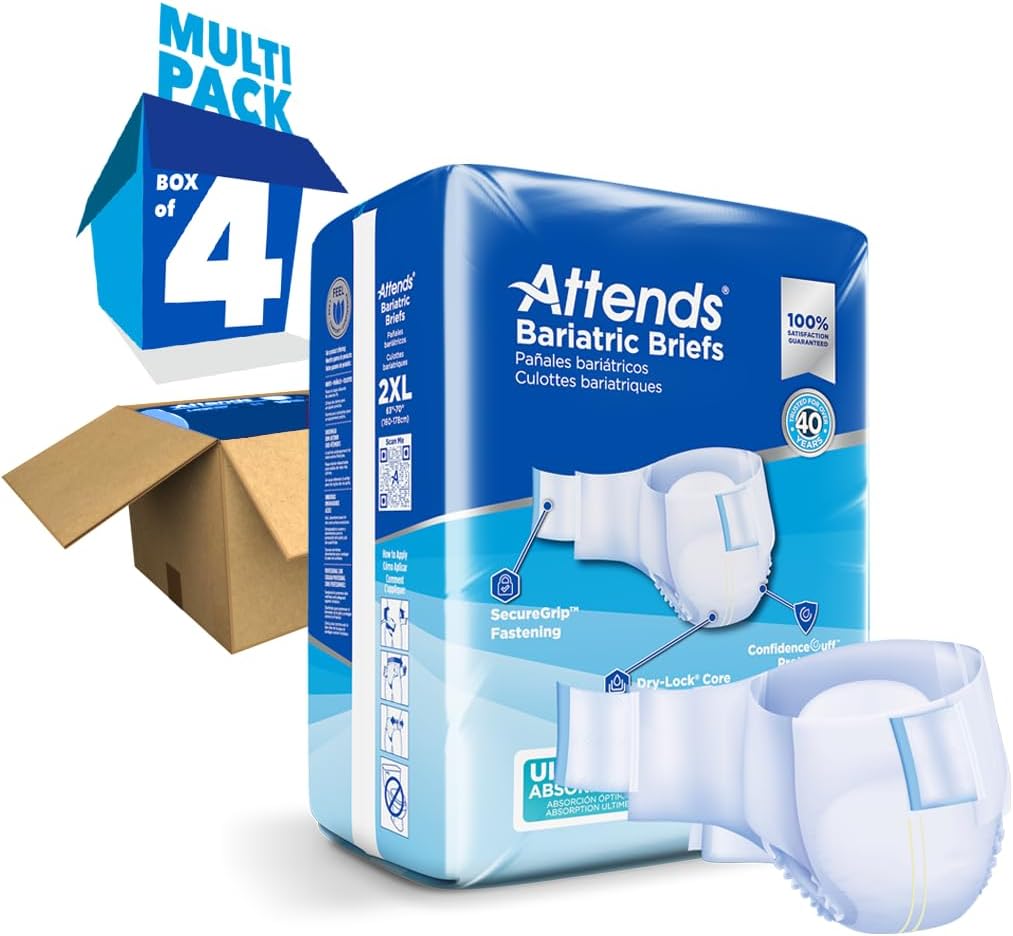 Attends Bariatric Incontinence Disposable Briefs, XX-Large, 63"-70" Waist with Tab Closures, Ultimate Absorbency, Dry-Lock Containment Core and ConfidenceCuff Leakage Protection, 2XL 48ct Case