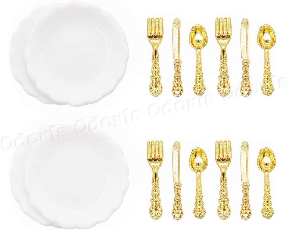 Odoria 1/12 Miniature Plates and Silverware Knife Fork Spoon Set Dollhouse Accessories, Silver