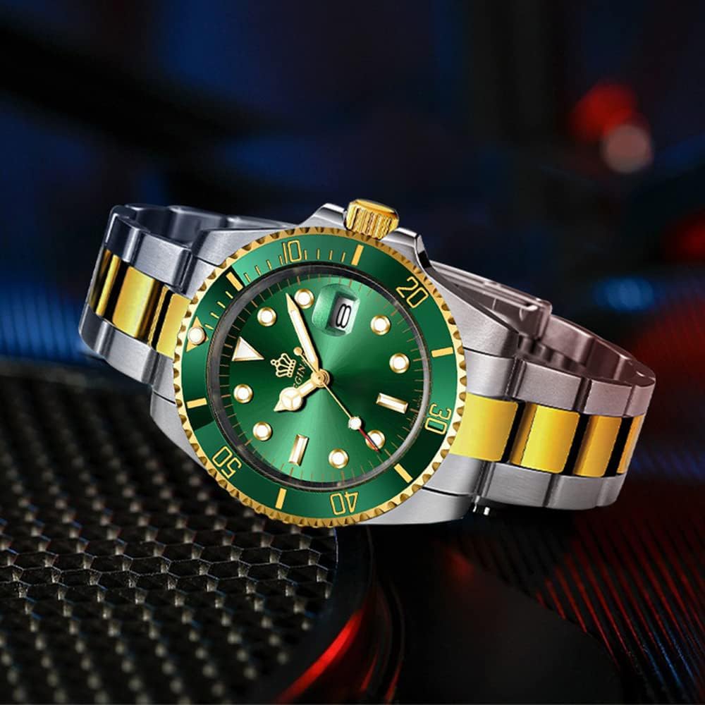 FANMIS Men's Two-Tone Stainless Steel Quartz Watch, Rotating Bezel and Date | Green Dial, Luminous Hands and Markers, Magnified Date Window, Fold-Over Safety Clasp, 30M Water Resistant for Everyday Wear.