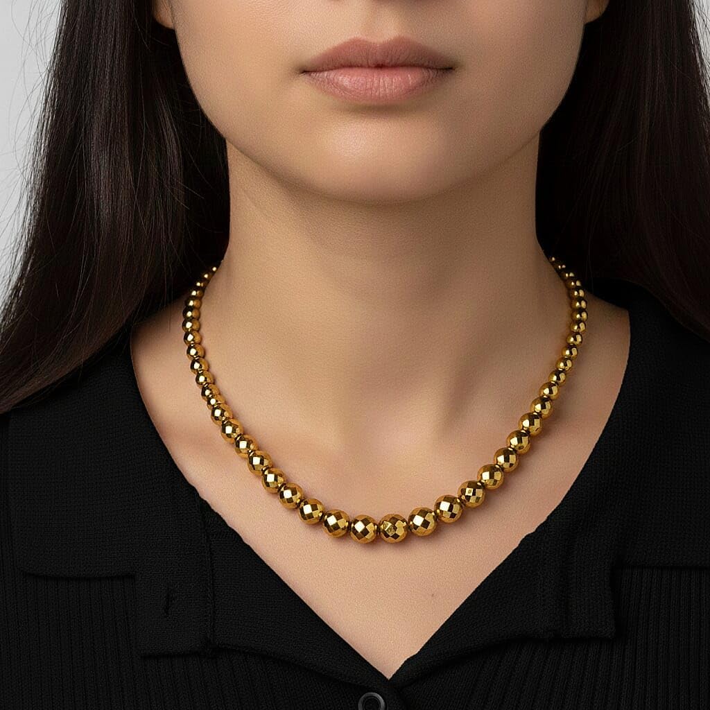 Yellow Gold Color Hematite Beaded Necklace Silvertone 560.00 ctw 21-23"