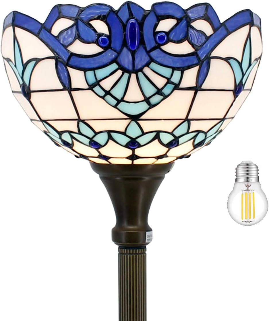 WERFACTORY Tiffany Floor Lamp Navy Baroque Stained Glass Torchiere Light | 12X12X71 Inches Pole Blue Standing Corner Torch Uplight Decor Bedroom