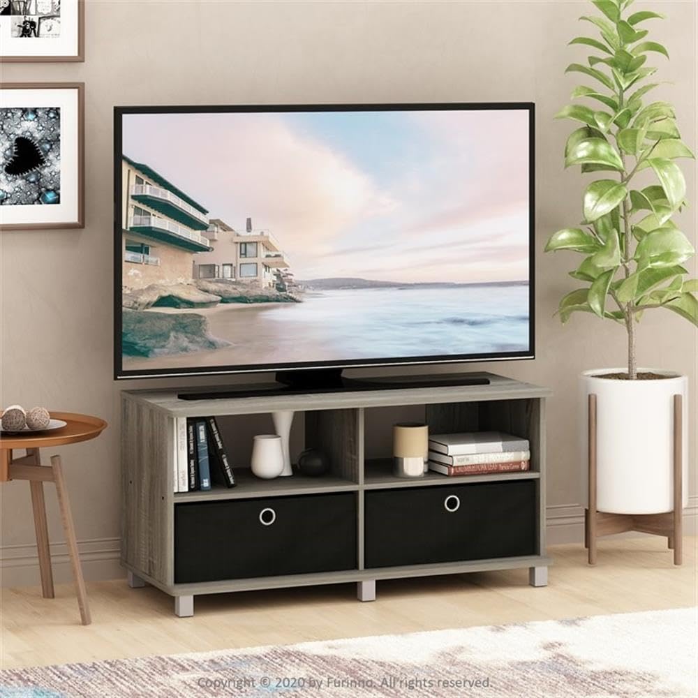 Furinno Andrey Entertainment Center with Bin Drawers, French Oak Grey/Black | Open Shelf TV Console for TV up to 46 Inch with Bin Drawers
