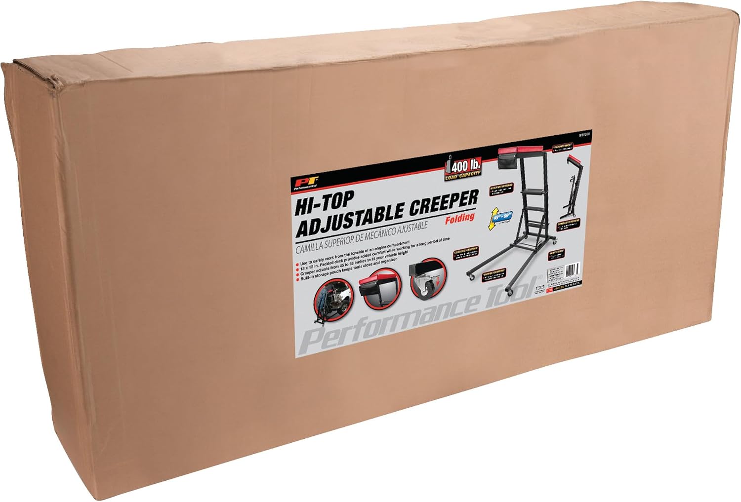 Performance Tool W85014 38 in. Low-Profile Automotive Mechanics Creeper | Oversized x-frame low profile creeper with 2-inch extra cushion padding. 5-inch jumbo swivel casters. 300 lb. capacity