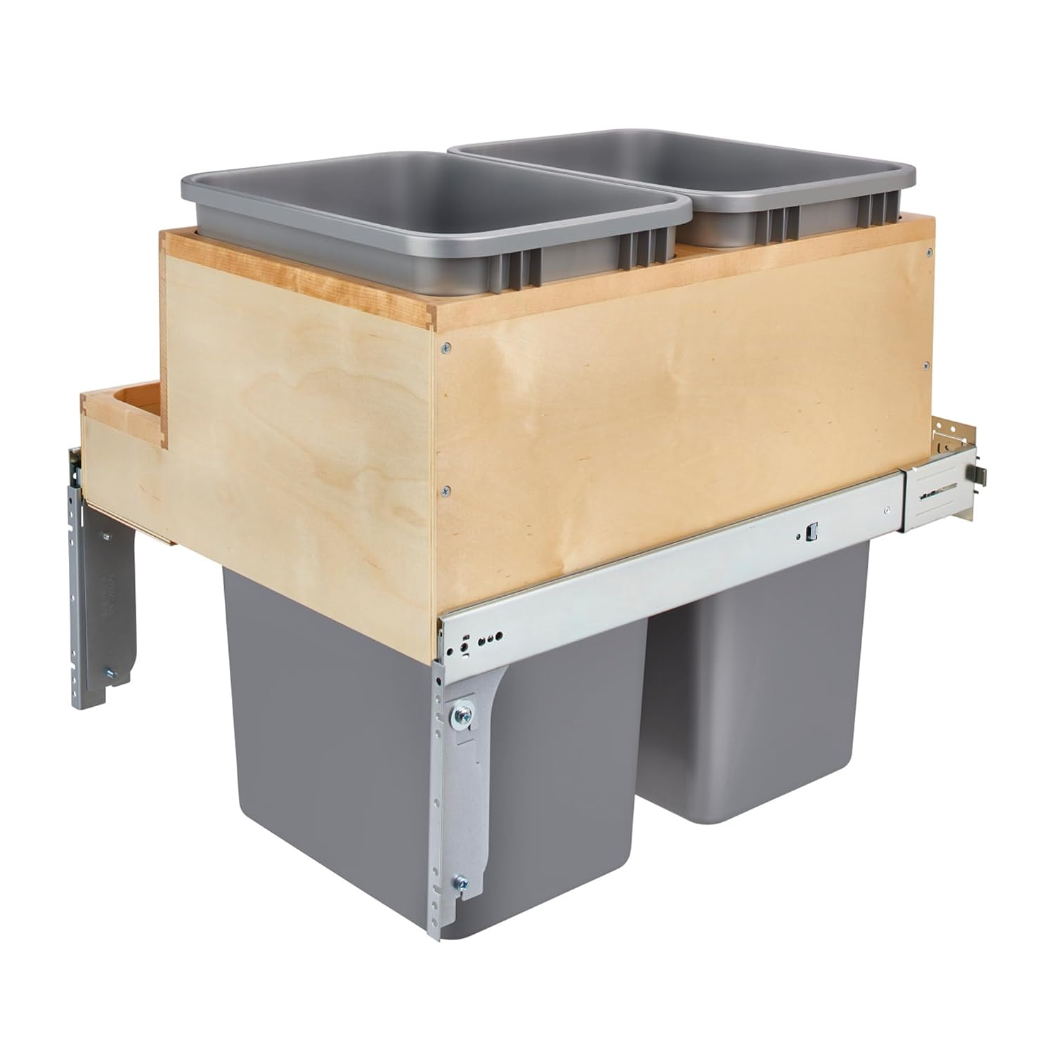 Rev-A-Shelf Double Top-Mount Pullout Trash Can, Min Opening 15" W, 35 Qt | Under Kitchen Cabinet Large Capacity Waste/ Recycling Containers, 150 Lbs Rated Full-Extension Slides, 4WCTM-18BBSCDM2 Silver