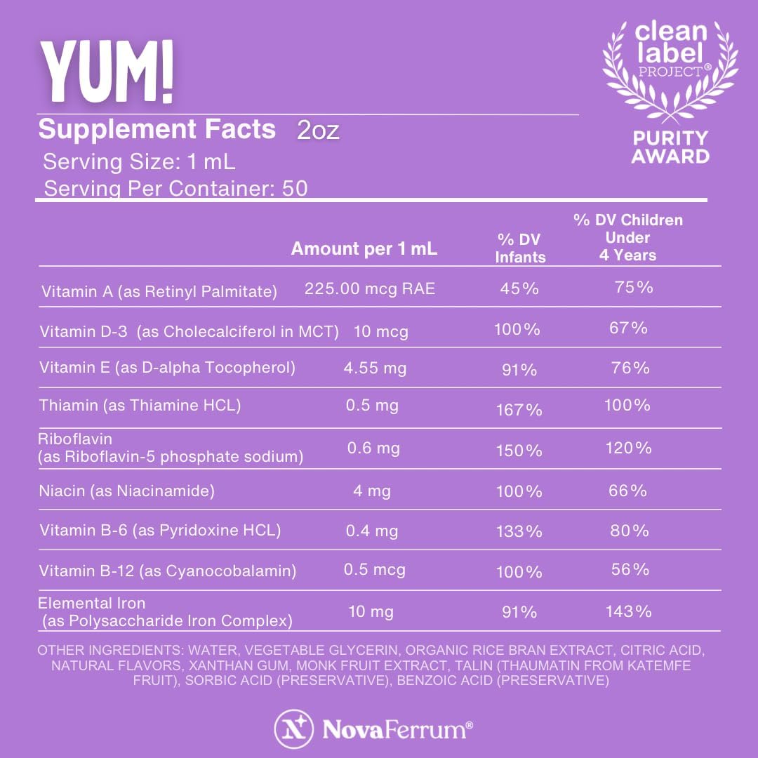 NovaFerrum MMM | Multivitamin for Kids, Infants and Toddlers | Vitamin C, D3, E | Gluten Free Certified | Sugar Free | No Artificial Colors | Ages 4 & Under | Orange Flavored | 2 Fl Oz (50 mL)