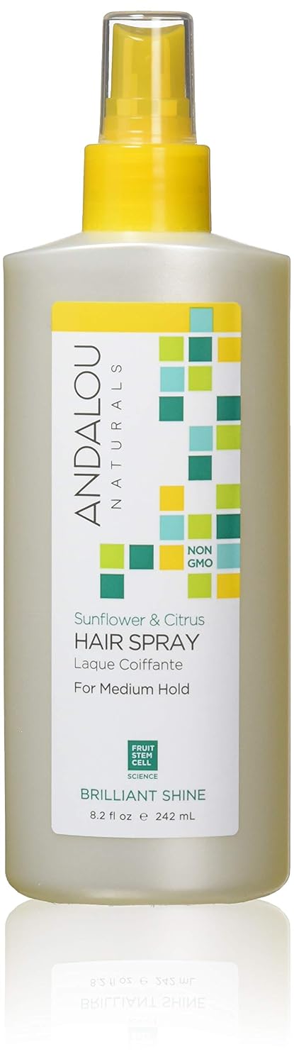Andalou Naturals Sunflower & Citrus Brilliant Shine Hair Spray (8.2 fl oz) | Styling for Shine & Medium Hold, Aloe Vera for Frizz Control, Natural & Cruelty Free