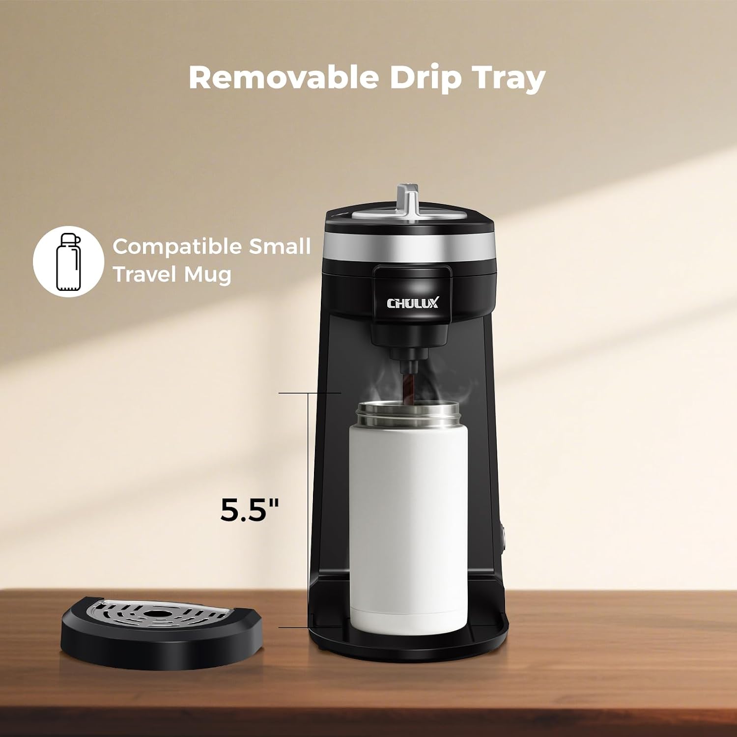 CHULUX Mini Single Serve Coffee Maker for K Pod, Brew Up to 12oz Cup, Black | Fast-Heating Boiler System, Single Cup Brewing, Portable Compact Design, Four-Hole Multi-Stream Needle, Adjustable Drip Tray