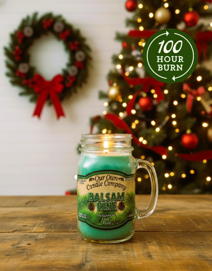 Balsam Pine Scented Mason Jar Candle, Our Own Candle Company, 13 oz | Clean, fresh Balsam-pine-tree scent; soy blend wax; lead-free wick with patented straightener; long lasting